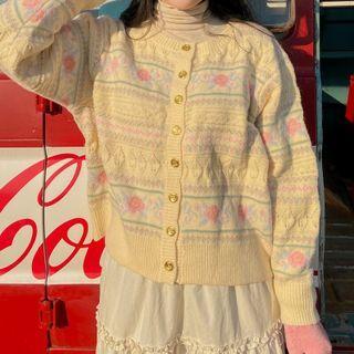 Pointelle Floral Cardigan Beige - One Size