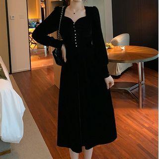 Long-sleeve Plain Velvet Midi Dress
