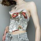 Sleeveless Strapless Lace-trim Floral Print Crop Top