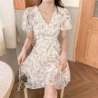 Puff Sleeve V-neck Floral Embroidered A-line Dress
