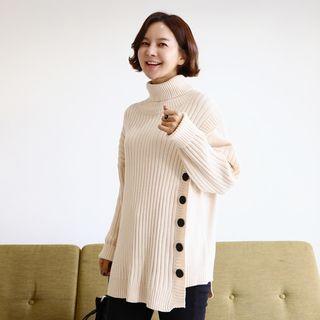 Turtle-neck Button-detail Ribbed Knit Top
