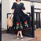 V-neck Embroidered-detail Long Dress