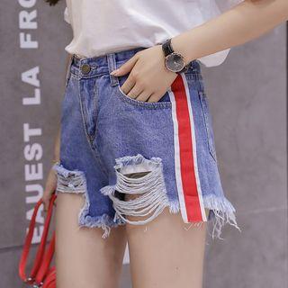 Contrast Trim Ripped Wide-leg Denim Shorts