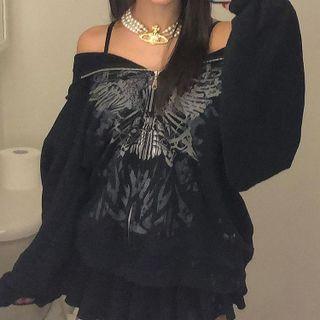 Oversized Butterfly Print Zip-up Hoodie