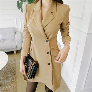 Notched-lapel Long-sleeve Buttoned Sheath Dress
