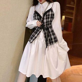 Set: Long Sleeve Plain A-line Shirtdress + Spaghetti Strap Plaid Vest