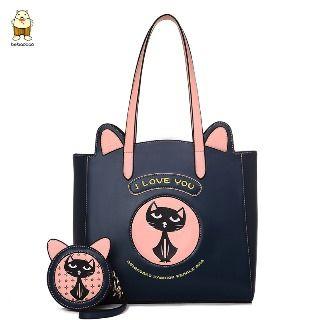 Faux-leather Cartoon Tote With Pouch