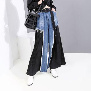 Chiffon Panel Cropped Wide-leg Jeans Blue - One Size