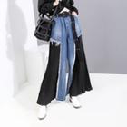 Chiffon Panel Cropped Wide-leg Jeans Blue - One Size