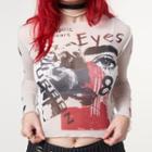 Print Mesh Long-sleeve Crop Top