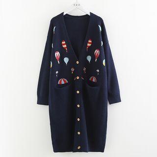 Ballon Embroidered V-neck Long Cardigan