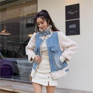 Denim-trim Faux-shearling Jacket Blue - One Size
