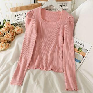 Square-neck Puff-sleeve Skinny Knit Top In 9 Colors