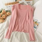 Square-neck Puff-sleeve Skinny Knit Top In 9 Colors