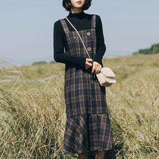 Mock Neck Knit Top / Plaid Jumper Midi Dress