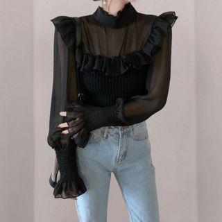 Puff-sleeve Knit Mesh Blouse
