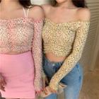 Floral Long-sleeve Shirred Cropped T-shirt / Lace Cropped Camisole Top