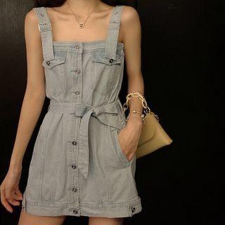 Spaghetti Strap Button Mini A-line Denim Dress