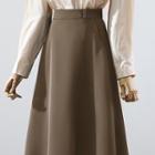 High Waist Midi A-line Skirt / Long-sleeve Blouse
