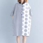 Elbow-sleeve Pattern Dress White - One Size