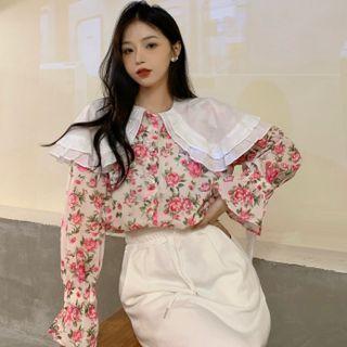 Collared Floral Blouse Pink Flowers - White - One Size