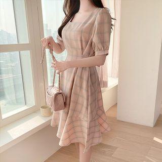 Square-neck Ruffled Plaid Dress