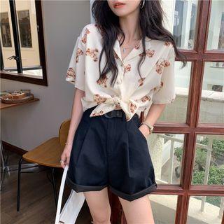 Short-sleeve Open-collar Bear Print Shirt