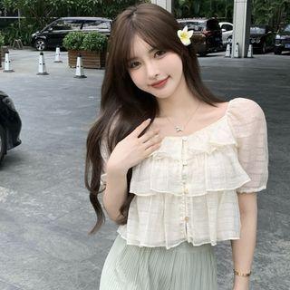 Short-sleeve Ruffle Blouse / Wide Leg Pants