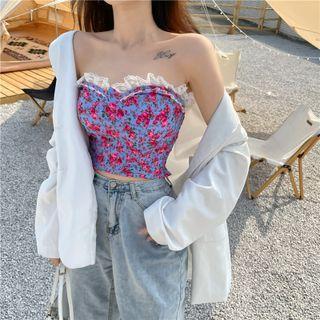 Strapless Floral Top Floral - Blue & Red - One Size