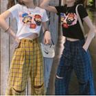 Set: Short-sleeve Cartoon Print T-shirt + Plaid Wide Leg Pants