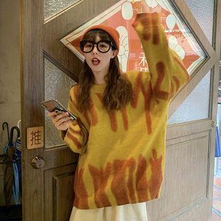 Color-block V-neck Long-sleeve Sweater Yellow - One Size