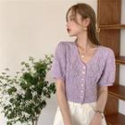 Elbow-sleeve Faux Pearl Button-up Blouse