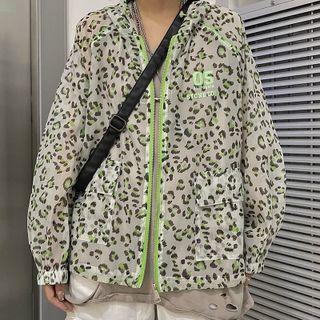 Leopard Print Zip Up Hoodie Leopard - Green & Gray - One Size