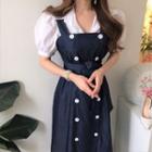 Double-breasted Midi A-line Denim Pinafore Dress