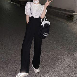 Set Of 2: Balloon-sleeve Top + Suspenders Pants