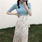 Short-sleeve Mock-neck Knit Top / Floral Print Midi Skirt