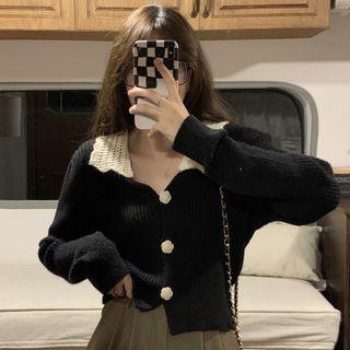 Contrast Collar Button-up Cropped Cardigan