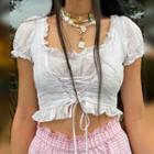 Plain Ruffled Tie-front Cropped Short Sleeve Top