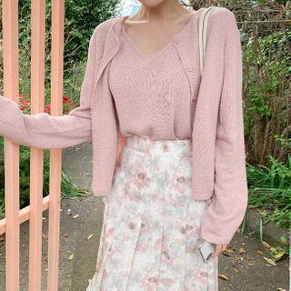 Set: Round-neck Cardigan + Knit Camisole Top