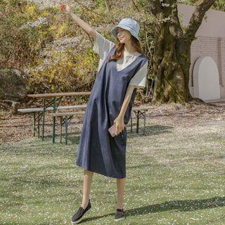 Pocket-side Denim Long Pinafore Dress