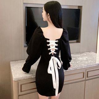 Off-shoulder Lace-up Long-sleeve Mini Sheath Dress