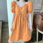 Set: Square-neck Puff-sleeve Shift Dress + Bucket Hat