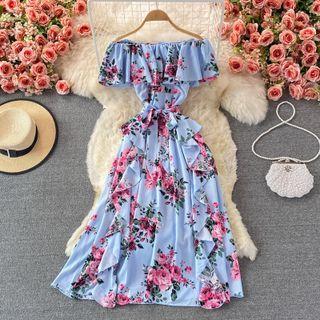 Off Shoulder Floral Print Ruffle Maxi Dress