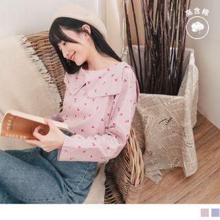 Sailor Collar Long Sleeve Cherry Print Dotted Top