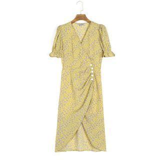 Puff-sleeve Floral Slit Midi Sheath Dress