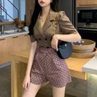 Elbow-sleeve Double-breasted Blazer / Patterned Wide-leg Shorts
