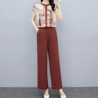 Set: Sleeveless Print Chiffon Blouse + Straight Leg Pants