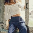 Off-shoulder Puff-sleeve Frilled Top