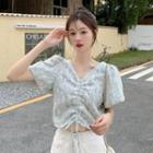 V-neck Lace Floral Drawstring Puff-sleeve Top