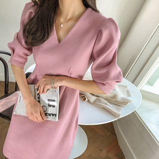 Puff-sleeve A-line Woolen Dress